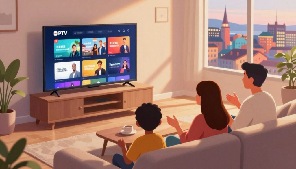 A digital illustration of a modern living room setting, showcasing a large TV displaying colorful IPTV content, highlighting a vibrant Nordic cityscape in the background through a window. In the foreground, a diverse group of people—two adults and a child—are seated comfortably on a plush sofa, engaged in a lively discussion about their IPTV experiences. They are dressed in casual yet neat clothing, reflecting a cozy family dynamic. The lighting is warm and inviting, casting soft shadows around the room. The angle is slightly elevated to capture both the TV screen and the engaged expressions of the people, creating an atmosphere of enjoyment and satisfaction with their IPTV streaming service. The design should evoke a sense of community and shared experience.