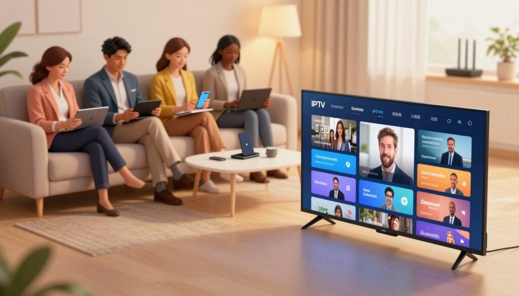 A dynamic and modern illustration of IPTV technology and streaming, featuring a sleek living room setting in the foreground, with a stylish smart TV displaying streaming content. In the middle ground, showcase a diverse group of people (dressed in professional business attire) sitting on a cozy sofa, interacting with various streaming devices like tablets and smartphones. The background features a well-lit room with subtle hints of networking equipment, such as routers and cables, symbolizing the technical aspect of IPTV. Use warm, inviting lighting to create a comfortable atmosphere, and capture the scene from a slightly elevated angle to provide a clear view of both the technology and the engaged users. No text or branding included. A dynamic and modern illustration of IPTV technology and streaming, featuring a sleek living room setting in the foreground, with a stylish smart TV displaying streaming content. In the middle ground, showcase a diverse group of people (dressed in professional business attire) sitting on a cozy sofa, interacting with various streaming devices like tablets and smartphones. The background features a well-lit room with subtle hints of networking equipment, such as routers and cables, symbolizing the technical aspect of IPTV. Use warm, inviting lighting to create a comfortable atmosphere, and capture the scene from a slightly elevated angle to provide a clear view of both the technology and the engaged users. No text or branding included.