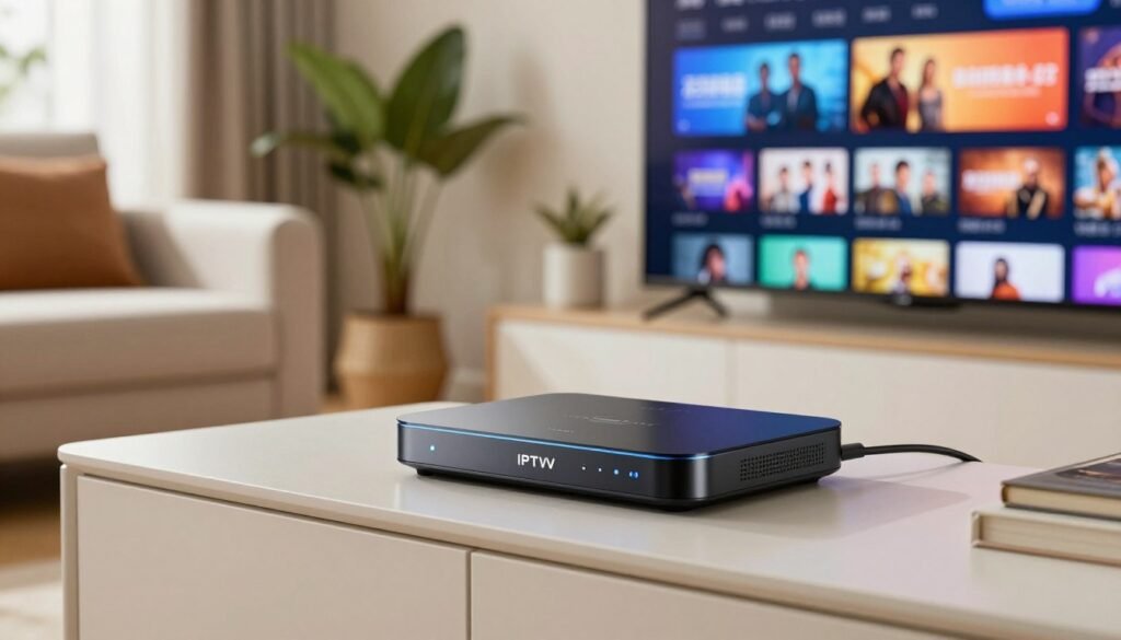 A modern IPTV box sits prominently on a stylish, minimalist entertainment unit, displaying vibrant streaming content. In the foreground, the IPTV box features sleek lines with a glossy finish, illuminated softly by LED lights indicating power status. Beside it, a high-definition television screen shows a colorful streaming interface, filled with various movie and show thumbnails. The middle background includes cozy living room elements like a plush sofa and decorative plants, creating an inviting atmosphere. Natural light streams in from a window, enhancing the cozy, warm vibe. The focus is sharp on the IPTV box, showcasing its importance for an optimal streaming experience. The overall mood is tech-savvy yet homey, appealing to viewers interested in enhancing their entertainment setup.