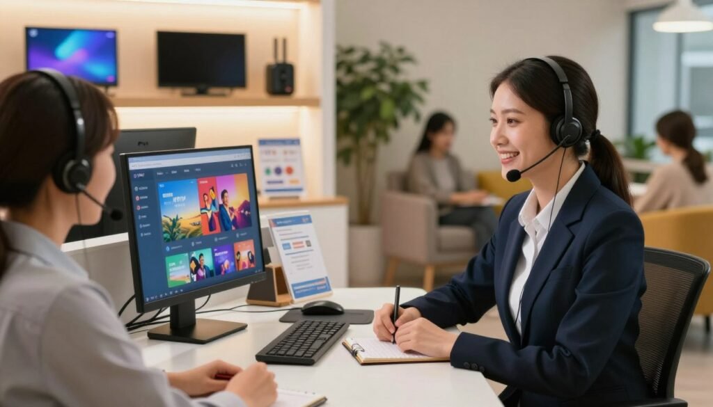 A modern customer service center for IPTV support, featuring a friendly customer service representative in professional attire, engaged in a conversation with a satisfied customer. In the foreground, show the representative seated at a sleek desk with a headset, a computer screen displaying a vibrant IPTV interface, and a notepad. The middle layer includes shelves with colorful IPTV devices and pamphlets about service options. In the background, a cozy lounge area with plants and comfortable seating for customers waiting. Use warm, inviting lighting to create a welcoming atmosphere, with a soft-focus effect for depth. The overall mood should evoke professionalism and reliability in customer service.