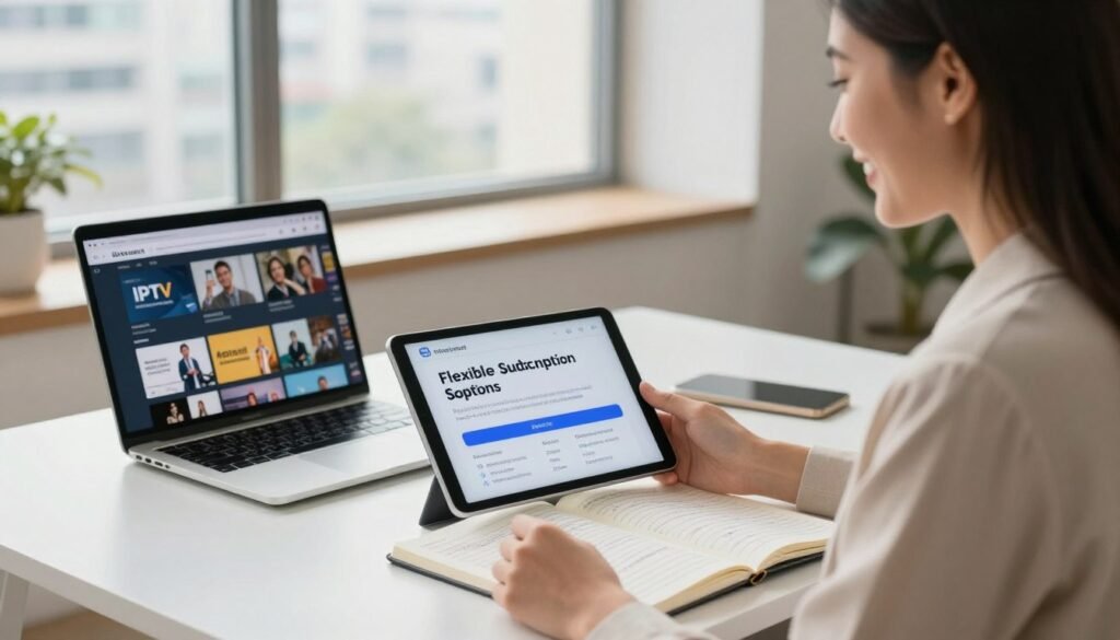 A modern, inviting workspace featuring a sleek desk with a laptop displaying streaming services. In the foreground, a confident businesswoman in professional attire smiles, holding a tablet showcasing flexible subscription options for IPTV. The middle of the composition includes an open notebook filled with notes on contracts and no-binding period details. In the background, a large window lets in natural light, illuminating a cityscape, enhancing a sense of freedom and flexibility. The atmosphere is bright and positive, conveying the idea of accessibility and modernity in digital services. Use soft lighting to create a warm and engaging mood, with a slight depth of field to focus on the subjects. A modern, inviting workspace featuring a sleek desk with a laptop displaying streaming services. In the foreground, a confident businesswoman in professional attire smiles, holding a tablet showcasing flexible subscription options for IPTV. The middle of the composition includes an open notebook filled with notes on contracts and no-binding period details. In the background, a large window lets in natural light, illuminating a cityscape, enhancing a sense of freedom and flexibility. The atmosphere is bright and positive, conveying the idea of accessibility and modernity in digital services. Use soft lighting to create a warm and engaging mood, with a slight depth of field to focus on the subjects.