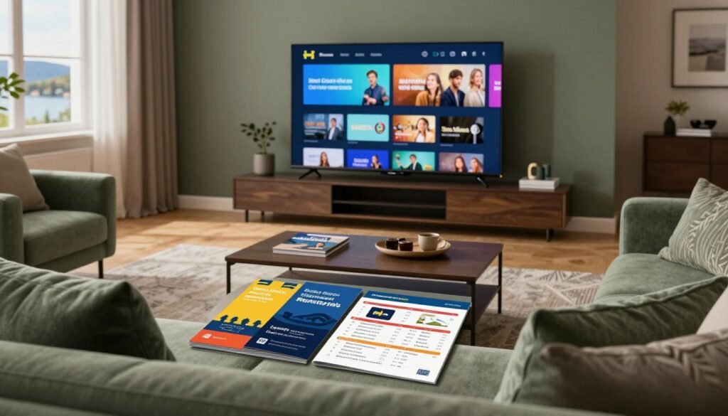 A modern living room scene showcasing a sleek television displaying a streaming service interface, emphasizing Swedish entertainment content. In the foreground, a cozy sofa with stylish cushions invites viewers to relax. The middle ground features a coffee table with various subscription package details laid out, including colorful brochures and comparison charts, all neatly organized. In the background, soft lighting creates a warm ambiance, with a window revealing a glimpse of a serene Swedish landscape, bringing a sense of tranquility. The overall atmosphere is inviting and encouraging exploration of different streaming options, highlighted by a harmonious color palette of muted greens and warm browns. Use a wide-angle lens perspective to capture the entire scene, ensuring the image feels spacious and engaging.
