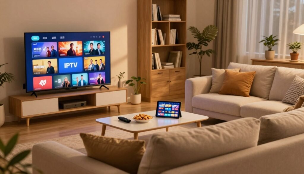 A modern living room scene showcasing various IPTV channels and content options. In the foreground, a sleek smart TV displays a colorful array of channel logos and vibrant scenes from popular shows and movies. A comfortable couch is invitingly placed in the center, adorned with decorative pillows. In the middle background, a coffee table holds a remote control, snacks, and a tablet displaying a streaming app interface. Warm, soft lighting creates a cozy atmosphere, casting gentle shadows around the room. The background features bookshelves filled with entertainment-related materials and indoor plants, enhancing the homey feel. The composition captures the essence of relaxation and entertainment, emphasizing that there's something for everyone to watch. A modern living room scene showcasing various IPTV channels and content options. In the foreground, a sleek smart TV displays a colorful array of channel logos and vibrant scenes from popular shows and movies. A comfortable couch is invitingly placed in the center, adorned with decorative pillows. In the middle background, a coffee table holds a remote control, snacks, and a tablet displaying a streaming app interface. Warm, soft lighting creates a cozy atmosphere, casting gentle shadows around the room. The background features bookshelves filled with entertainment-related materials and indoor plants, enhancing the homey feel. The composition captures the essence of relaxation and entertainment, emphasizing that there's something for everyone to watch.