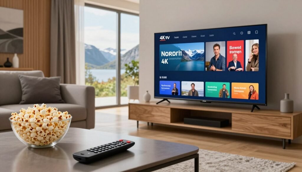 A modern living room setting, focusing on a high-definition television displaying an IPTV streaming service interface, showcasing Nordic content in 4K resolution. In the foreground, a stylish coffee table holds a sleek remote control and a bowl of popcorn. In the middle, a comfortable sofa with soft cushions invites relaxation, while a window reveals a picturesque view of a Nordic landscape bathed in soft natural light, enhancing the cozy ambiance. The background features warm wooden elements and minimalist decor, conveying a sense of modernity and comfort. The overall mood is inviting and high-tech, with bright, balanced lighting that highlights the quality of the streaming experience, emphasizing clarity and vibrancy in colors synonymous with 4K and HD viewing.