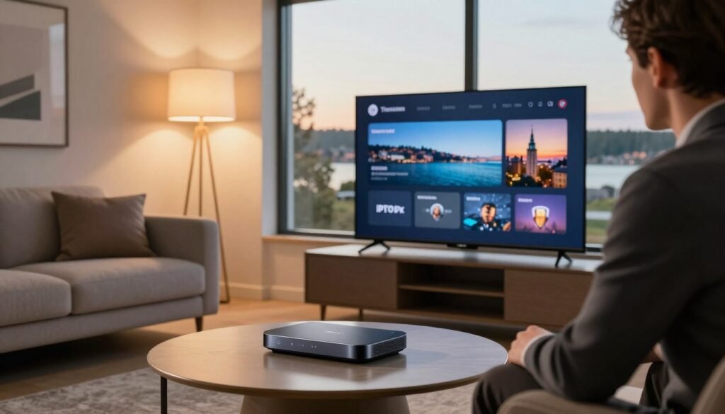 A modern living room setting showcasing a sleek IPTV device on a stylish coffee table. In the foreground, there’s a business professional, dressed in smart attire, intently examining the device and its interface on a large flat-screen TV. The middle ground features a cozy sofa and warm lighting from a stylish floor lamp, creating an inviting atmosphere. The background displays large windows with a scenic view of a Swedish landscape, capturing the essence of Sweden. Soft sunlight filters through, casting gentle shadows. The overall mood is one of technology and comfort, emphasizing the innovative aspect of IPTV in a contemporary Swedish home. A modern living room setting showcasing a sleek IPTV device on a stylish coffee table. In the foreground, there’s a business professional, dressed in smart attire, intently examining the device and its interface on a large flat-screen TV. The middle ground features a cozy sofa and warm lighting from a stylish floor lamp, creating an inviting atmosphere. The background displays large windows with a scenic view of a Swedish landscape, capturing the essence of Sweden. Soft sunlight filters through, casting gentle shadows. The overall mood is one of technology and comfort, emphasizing the innovative aspect of IPTV in a contemporary Swedish home.