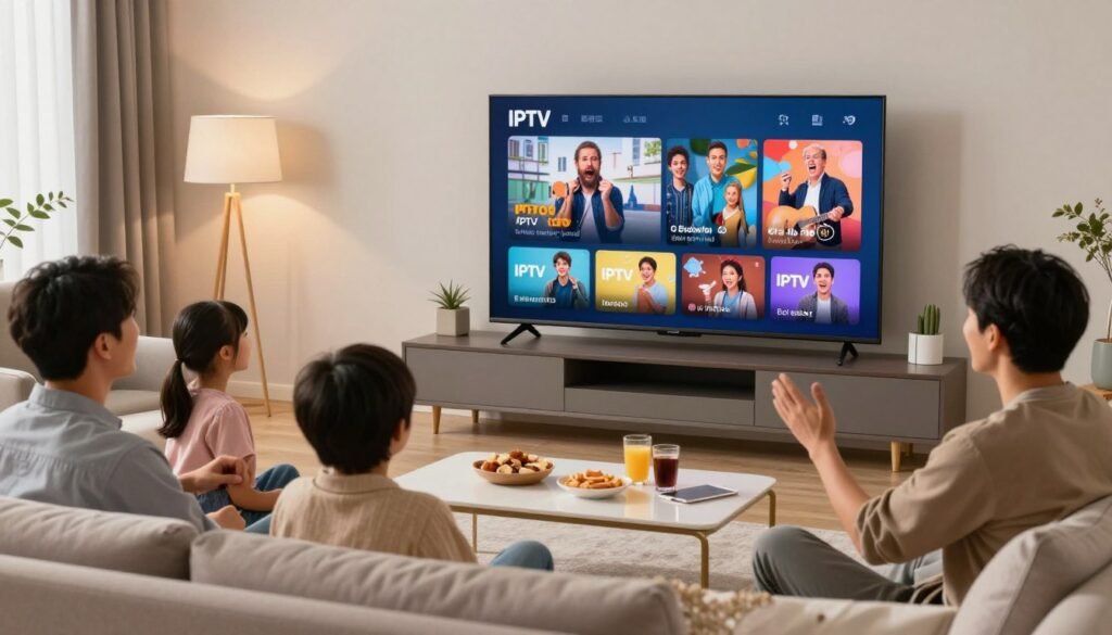 A modern living room setting with a comfortable sofa and a large television screen showcasing vibrant IPTV Telenor content. In the foreground, a content family, dressed in smart casual wear, is happily watching diverse shows, with expressions of excitement and engagement. In the middle ground, a stylish coffee table holds snacks and drinks, enhancing the relaxed atmosphere. The background features a tasteful decor with soft lighting that creates a cozy ambiance, illuminating the room warmly. The scene captures a sense of community and enjoyment around IPTV technology, evoking a mood of modern family entertainment. The image should be bright and inviting, framed from a slightly low angle to emphasize the television screen's prominence.