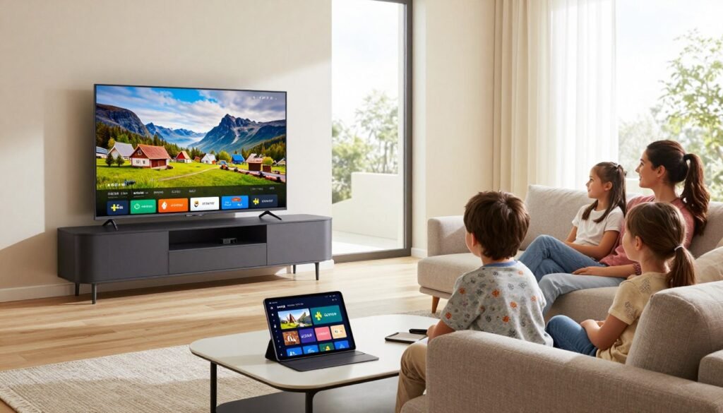 A modern living room setting with a sleek, contemporary IPTV setup. In the foreground, a stylish coffee table holds a tablet displaying a streaming interface. The middle ground features a comfortable sofa with family members, dressed in smart casual clothing, engaged in watching TV. Bright natural light floods the room through large windows, creating a warm, inviting atmosphere. The background displays a wall-mounted television showcasing a vibrant Nordic landscape or cultural scene, symbolizing Swedish IPTV culture. Soft shadows enhance the cozy ambiance, while a wide-angle view captures the entire scene, emphasizing connection and entertainment at home. The overall mood is relaxed and engaging, reflecting a typical family enjoying quality time together. A modern living room setting with a sleek, contemporary IPTV setup. In the foreground, a stylish coffee table holds a tablet displaying a streaming interface. The middle ground features a comfortable sofa with family members, dressed in smart casual clothing, engaged in watching TV. Bright natural light floods the room through large windows, creating a warm, inviting atmosphere. The background displays a wall-mounted television showcasing a vibrant Nordic landscape or cultural scene, symbolizing Swedish IPTV culture. Soft shadows enhance the cozy ambiance, while a wide-angle view captures the entire scene, emphasizing connection and entertainment at home. The overall mood is relaxed and engaging, reflecting a typical family enjoying quality time together.