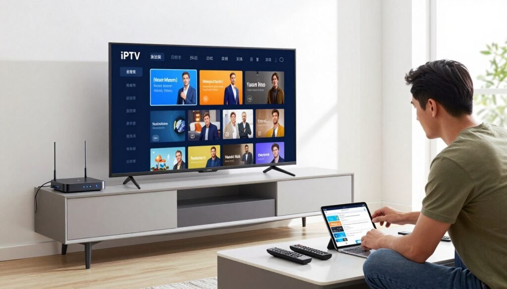 A modern living room setup featuring a sleek IPTV installation. In the foreground, a high-resolution flat-screen TV displays a user-friendly IPTV interface, showcasing various streaming options. To the left, an advanced IPTV set-top box with glowing indicators sits on a minimalist media cabinet. A professional technician in smart casual attire is adjusting the IPTV cables, focusing on the connections. The middle ground reveals a stylish coffee table adorned with remote controls and an open tablet showing installation instructions. In the background, large windows allow natural light to flood the space, enhancing the bright and inviting atmosphere. The overall mood is professional and tech-savvy, emphasizing the ease of IPTV installation. A modern living room setup featuring a sleek IPTV installation. In the foreground, a high-resolution flat-screen TV displays a user-friendly IPTV interface, showcasing various streaming options. To the left, an advanced IPTV set-top box with glowing indicators sits on a minimalist media cabinet. A professional technician in smart casual attire is adjusting the IPTV cables, focusing on the connections. The middle ground reveals a stylish coffee table adorned with remote controls and an open tablet showing installation instructions. In the background, large windows allow natural light to flood the space, enhancing the bright and inviting atmosphere. The overall mood is professional and tech-savvy, emphasizing the ease of IPTV installation.
