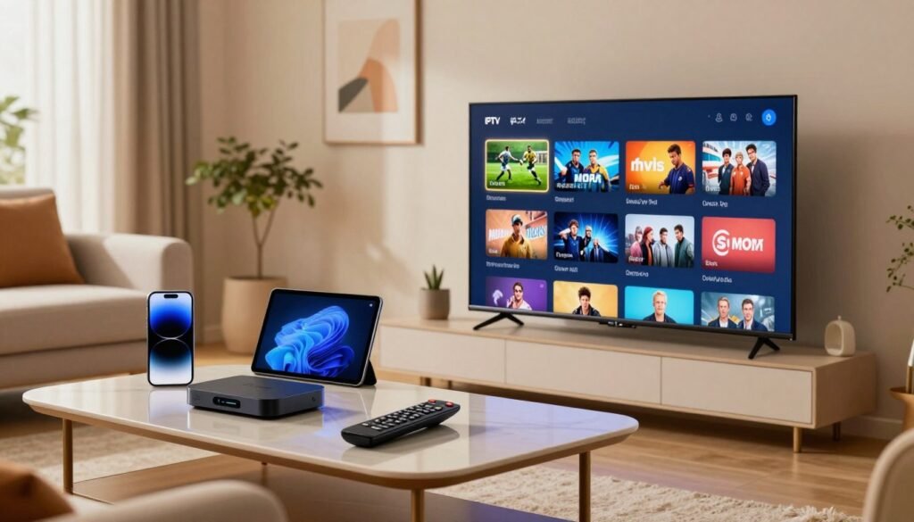 A modern living room showcasing a stylish setup for IPTV viewing. In the foreground, a sleek television displays a colorful and organized channel selection interface featuring various genres like sports, movies, and news. A remote control rests on a polished coffee table surrounded by comfortable seating. In the middle ground, an array of compatible devices like a streaming box, tablet, and smartphone can be seen, emphasizing compatibility with multiple platforms. The background conveys a cozy atmosphere with warm lighting and decorative elements such as plants and wall art. The image is bright and inviting, shot from a slight angle to provide depth, capturing the essence of modern entertainment technology in a home environment.