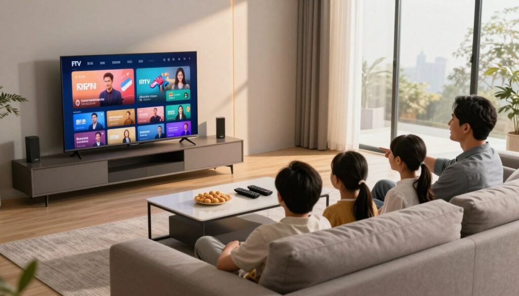 A modern living room with a sleek entertainment setup showcasing a large flat-screen TV displaying vibrant IPTV content. In the foreground, a family of four, dressed in professional casual attire, are seated comfortably on a stylish sofa, engaging and enjoying their viewing experience together. The middle ground features a minimalist coffee table with remote controls and snacks, while the background reveals a cozy ambiance with soft warm lighting casting gentle shadows, enhancing the relaxed atmosphere. Large windows allow for natural light to stream in, creating an inviting space. The scene exudes a sense of comfort, connection, and a problem-free IPTV experience, perfectly illustrating modern family entertainment.
