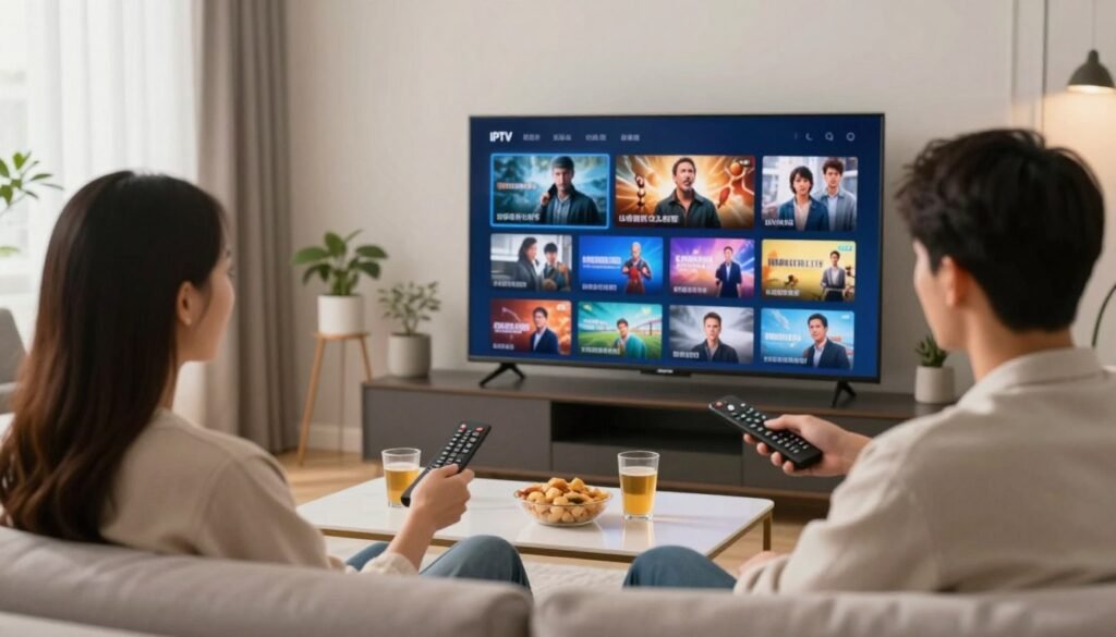 A modern living room with a sleek flat-screen TV displaying diverse IPTV content, such as movies, sports, and documentaries. In the foreground, a young professional couple comfortably seated on a stylish couch, engaged in discussion while holding a remote control. The middle ground features a coffee table adorned with snacks and drinks, while the background showcases a well-decorated room with soft lighting, creating a cozy yet contemporary atmosphere. Soft natural light filters through a window, enhancing the inviting ambiance. Utilize a shallow depth of field to focus on the couple and the TV screen, emphasizing their engagement with the IPTV service. The overall mood should be warm and welcoming, symbolizing the advantages of switching to IPTV for limitless entertainment.