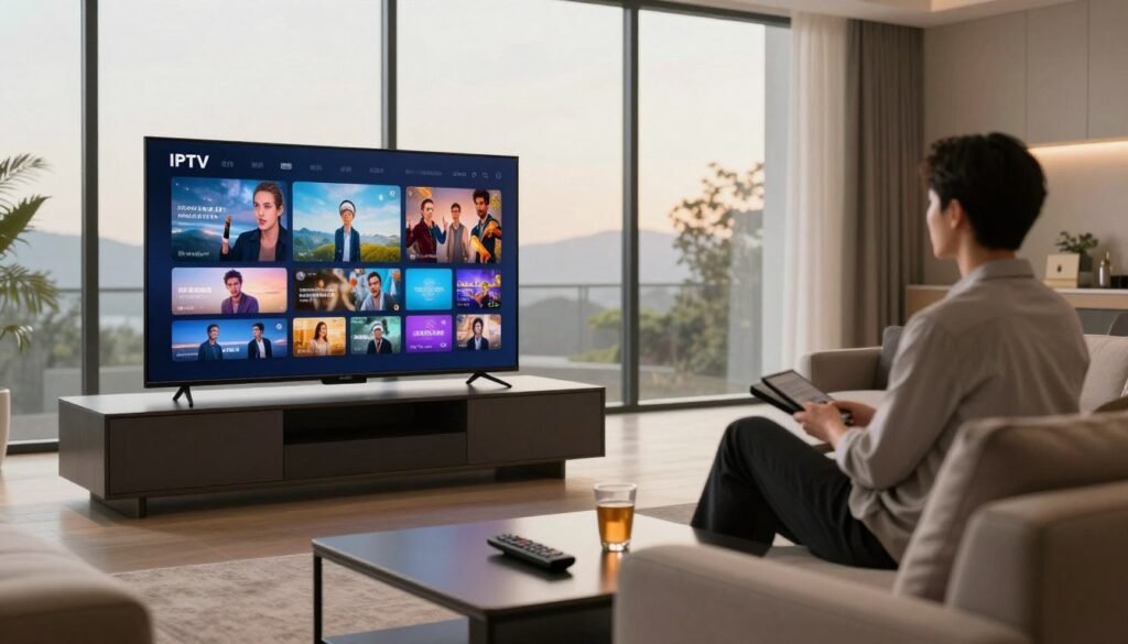 A modern living room with a sleek television displaying high-definition IPTV content. The foreground features a stylish coffee table with a remote control and drink, accentuating a viewer's experience. In the middle ground, a person in professional business attire is sitting comfortably on a contemporary sofa, engaged with the IPTV system, focusing on the vibrant visuals. The background shows large windows letting in soft, natural light, enhancing the inviting atmosphere. The overall mood is warm and technological, reflecting innovation in image quality. Use a wide-angle lens to capture the spaciousness of the room, emphasizing details like the clear picture on the screen and the subtle reflections in the glass windows. A modern living room with a sleek television displaying high-definition IPTV content. The foreground features a stylish coffee table with a remote control and drink, accentuating a viewer's experience. In the middle ground, a person in professional business attire is sitting comfortably on a contemporary sofa, engaged with the IPTV system, focusing on the vibrant visuals. The background shows large windows letting in soft, natural light, enhancing the inviting atmosphere. The overall mood is warm and technological, reflecting innovation in image quality. Use a wide-angle lens to capture the spaciousness of the room, emphasizing details like the clear picture on the screen and the subtle reflections in the glass windows.