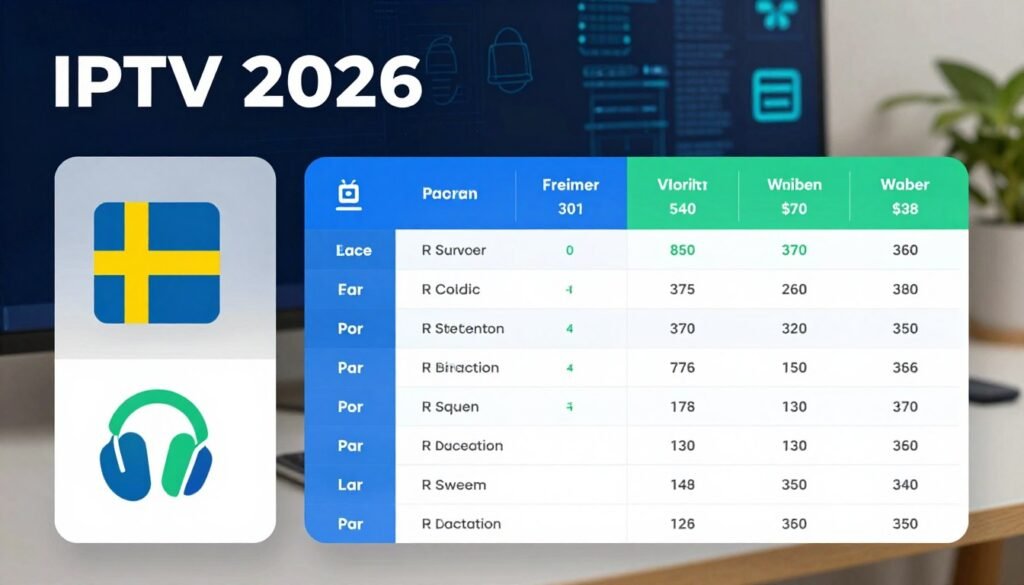 A modern, sleek infographic-style comparison of leading IPTV providers in Sweden for 2026. In the foreground, display stylized logos and icons for each provider, presented in a visually appealing layout. The middle ground features a table or grid comparing key features such as channel variety, pricing, and user interface, with clean lines and a tech-inspired design. In the background, incorporate subtle imagery of digital streaming devices and abstract technology patterns to create a high-tech atmosphere. Utilize soft, natural lighting to enhance clarity, with a focus on a professional and informative look. The color scheme should be vibrant yet sophisticated, utilizing blues, greens, and whites to convey a sense of trust and innovation.