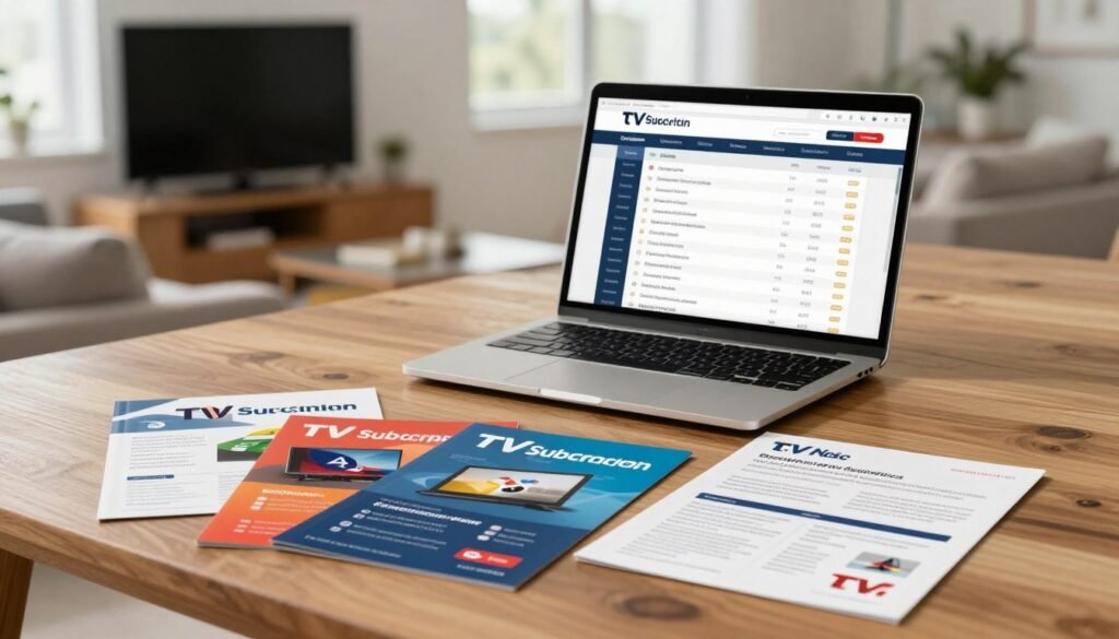 A professional and inviting comparison of popular TV subscription packages displayed on a sleek wooden desk. In the foreground, several colorful brochures and flyers highlighting various TV service providers, featuring logos and attractive offers. In the middle ground, a modern laptop open to a comparison website, with detailed lists of features and prices visible on the screen. The background displays a soft-focus living room with a large screen TV and a comfortable sofa, giving a homey feel. Bright, natural lighting filters through a window, creating a warm, welcoming atmosphere. The scene is organized, engaging, and visually captures the essence of exploring TV subscription deals.