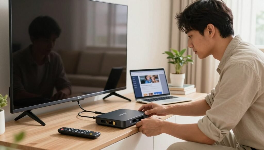 A professional technician in smart casual attire is setting up an IPTV box on a modern entertainment center. The foreground features an IPTV box with visible ports and wires, along with a remote control. The middle ground shows the technician focused on connecting the box to a sleek flat-screen TV, while a laptop displays an installation guide. In the background, a neatly organized living room with minimalistic decor creates a warm and inviting atmosphere, illuminated by soft, natural lighting from a nearby window. The entire scene conveys a sense of efficiency and clarity, emphasizing a step-by-step installation process for viewers seeking to enhance their streaming experience.