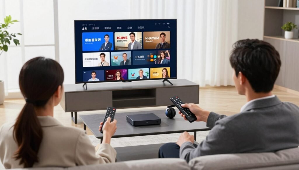 A sleek, modern living room setup with a high-definition TV displaying vibrant streaming content. In the foreground, a well-dressed professional couple, using a remote control, engaged in viewing their favorite IPTV channels, showcasing the theme of streaming quality. In the middle ground, a stylish coffee table with tech gadgets like a streaming box and headphones, enhancing the focus on technology. The background features large windows with natural light pouring in, creating a welcoming and cozy atmosphere. The lighting is bright yet soft, capturing a sense of relaxation and modern life. The angle is slightly elevated, giving a panoramic view of the scene, emphasizing both the quality of the streaming experience and the sophistication of the space.