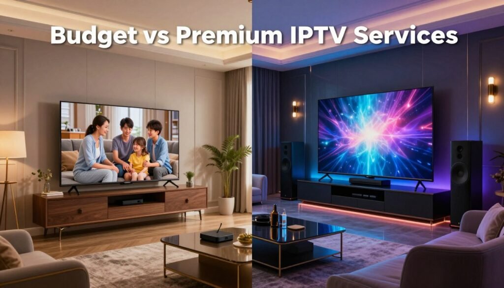 A split-screen image showcasing "Budget vs Premium IPTV Services." On the left, depict a cozy living room with a modest television setup, featuring a small streaming device, affordable furniture, and a family enjoying a casual viewing experience. Use warm, inviting lighting, emphasizing a sense of comfort and value. On the right, illustrate a sleek, high-end media room with a large, modern TV, premium sound system, luxurious seating, and vibrant decor. Utilize cool, sophisticated lighting to create an upscale atmosphere. The background should subtly represent the home environment, with a focus on the contrast between the two IPTV experiences, highlighting affordability versus luxury. Aim for a balanced composition that visually communicates the differences in IPTV services without any text or distractions. A split-screen image showcasing "Budget vs Premium IPTV Services." On the left, depict a cozy living room with a modest television setup, featuring a small streaming device, affordable furniture, and a family enjoying a casual viewing experience. Use warm, inviting lighting, emphasizing a sense of comfort and value. On the right, illustrate a sleek, high-end media room with a large, modern TV, premium sound system, luxurious seating, and vibrant decor. Utilize cool, sophisticated lighting to create an upscale atmosphere. The background should subtly represent the home environment, with a focus on the contrast between the two IPTV experiences, highlighting affordability versus luxury. Aim for a balanced composition that visually communicates the differences in IPTV services without any text or distractions.