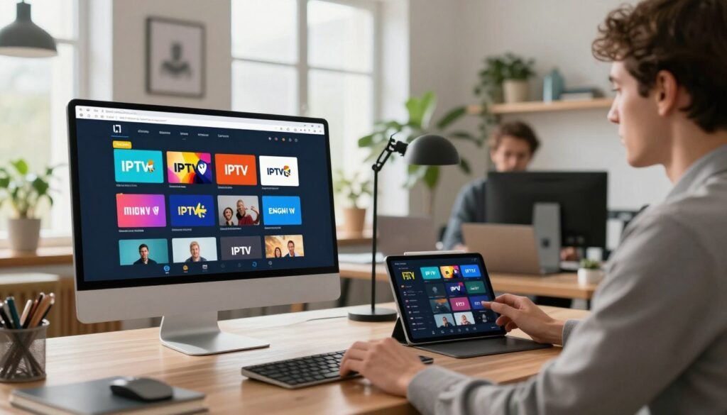 A vibrant digital workspace showcasing IPTV testing in Sweden. In the foreground, a sleek modern computer desk is equipped with a high-resolution monitor displaying a dynamic IPTV application interface, featuring colorful icons of popular streaming channels. Beside it, a stylish tablet illustrates a user-friendly menu. In the middle ground, a person dressed in professional business attire, focused on the screen, inspects various IPTV options, their expression reflecting concentration and curiosity. The background features a cozy, well-lit room with Scandinavian decor, large windows allowing natural light to flood in, and plants adding a touch of greenery. The overall atmosphere is one of innovation and exploration, evoking a sense of excitement about the IPTV experience in Sweden. Soft shadows create depth, enhancing the inviting mood. A vibrant digital workspace showcasing IPTV testing in Sweden. In the foreground, a sleek modern computer desk is equipped with a high-resolution monitor displaying a dynamic IPTV application interface, featuring colorful icons of popular streaming channels. Beside it, a stylish tablet illustrates a user-friendly menu. In the middle ground, a person dressed in professional business attire, focused on the screen, inspects various IPTV options, their expression reflecting concentration and curiosity. The background features a cozy, well-lit room with Scandinavian decor, large windows allowing natural light to flood in, and plants adding a touch of greenery. The overall atmosphere is one of innovation and exploration, evoking a sense of excitement about the IPTV experience in Sweden. Soft shadows create depth, enhancing the inviting mood.