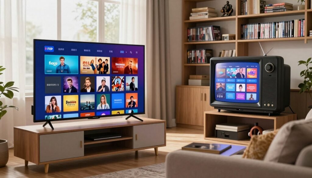 A vibrant living room scene showcasing a split display of television options. In the foreground, a sleek modern TV stands on a stylish stand, displaying a colorful streaming service interface filled with diverse content options. Next to it, a traditional television shows a familiar channel guide, illustrating a comparison between modern streaming and classic cable. In the middle ground, a cozy sofa with plush cushions invites viewers to relax and watch. Soft natural light filters through a large window, creating a warm and inviting atmosphere. The background features shelves filled with DVDs and books, emphasizing a blend of old and new media. The mood is one of exploration and decision-making, as viewers weigh their entertainment choices carefully.