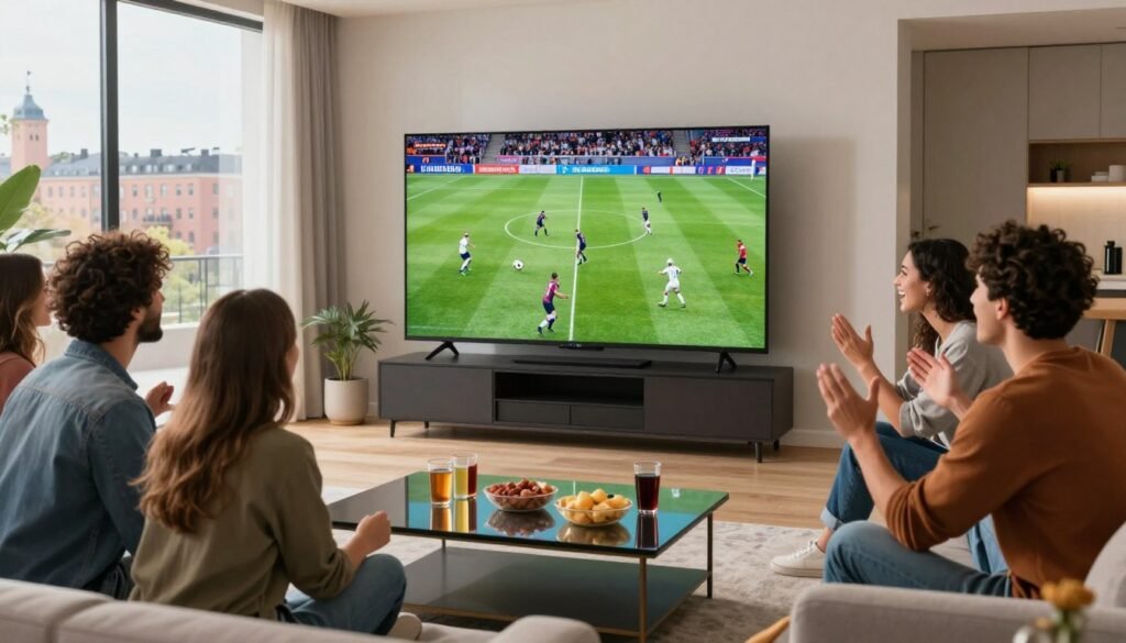 A vibrant sports viewing scene in a modern living room, showcasing a high-definition IPTV setup. In the foreground, a diverse group of friends, all dressed in smart casual attire, are enthusiastically watching a live football match on a large, ultra-HD screen, their expressions filled with excitement and joy. The middle ground features a stylish coffee table adorned with snacks and drinks, reflecting a lively sports gathering atmosphere. In the background, large windows reveal a bright Scandinavian cityscape with soft, natural lighting spilling into the room, enhancing the welcoming ambiance. The image captures a sense of community and high-quality entertainment, embodying the essence of enjoying sports together. A vibrant sports viewing scene in a modern living room, showcasing a high-definition IPTV setup. In the foreground, a diverse group of friends, all dressed in smart casual attire, are enthusiastically watching a live football match on a large, ultra-HD screen, their expressions filled with excitement and joy. The middle ground features a stylish coffee table adorned with snacks and drinks, reflecting a lively sports gathering atmosphere. In the background, large windows reveal a bright Scandinavian cityscape with soft, natural lighting spilling into the room, enhancing the welcoming ambiance. The image captures a sense of community and high-quality entertainment, embodying the essence of enjoying sports together.
