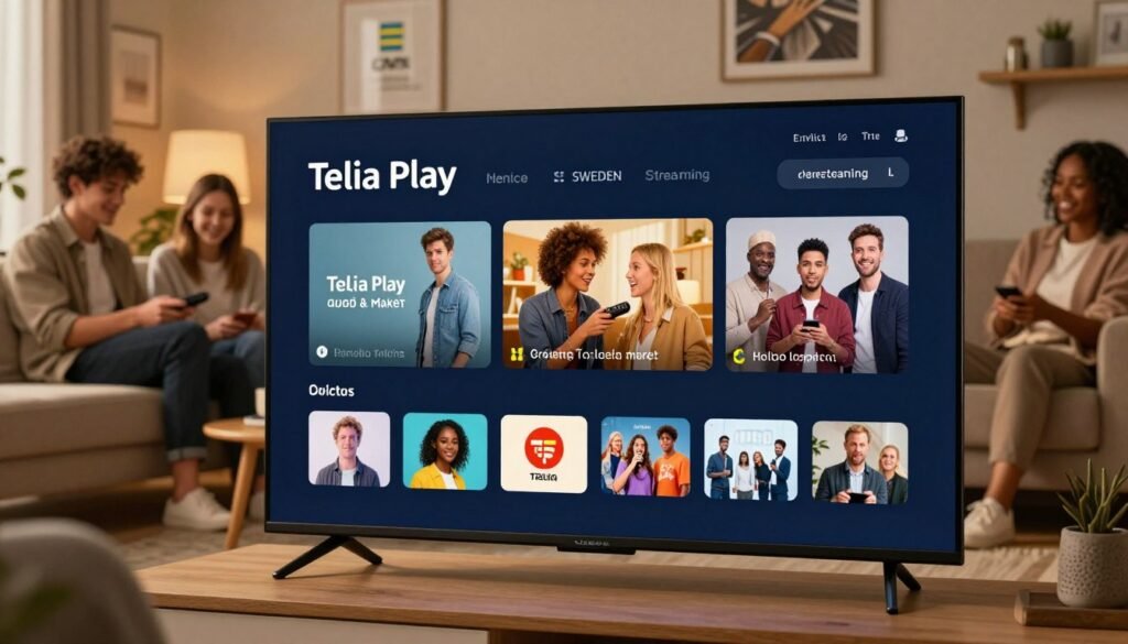 A visually engaging illustration showcasing the features and services of Telia Play alongside competitors in the Swedish streaming market. In the foreground, display a sleek modern TV with a vibrant screen showcasing the Telia Play interface, highlighting navigation and popular show icons. In the middle, depict a cozy living room setting with diverse individuals, dressed in smart casual attire, interacting with the remote and enjoying streaming content together. In the background, add elements symbolizing various competitors, such as logos of other streaming services subtly integrated into wall art or decorative items. Utilize warm, inviting lighting to create a relaxed atmosphere, with a slight focus on the TV screen, captured at a mid-angle. The scene should evoke a sense of community and entertainment in Swedish homes.