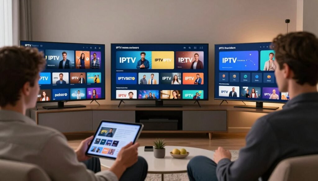 An informative visual comparison of IPTV providers, showcasing a sleek, modern living room setup with three large screens displaying different IPTV interfaces side by side. In the foreground, a well-dressed professional examines a tablet, representing a user’s analysis. The middle ground features the screens: one displaying fast-loading streaming content, another showcasing diverse channel options, and the third highlighting user-friendly navigation. In the background, soft, ambient lighting creates an inviting atmosphere, with cozy furniture and a subtle Scandinavian design accent. The mood is analytical and engaging, designed to reflect the reliability and speed of IPTV services in Sweden. Use a slightly lower angle to emphasize the screens and the engaged user. An informative visual comparison of IPTV providers, showcasing a sleek, modern living room setup with three large screens displaying different IPTV interfaces side by side. In the foreground, a well-dressed professional examines a tablet, representing a user’s analysis. The middle ground features the screens: one displaying fast-loading streaming content, another showcasing diverse channel options, and the third highlighting user-friendly navigation. In the background, soft, ambient lighting creates an inviting atmosphere, with cozy furniture and a subtle Scandinavian design accent. The mood is analytical and engaging, designed to reflect the reliability and speed of IPTV services in Sweden. Use a slightly lower angle to emphasize the screens and the engaged user.